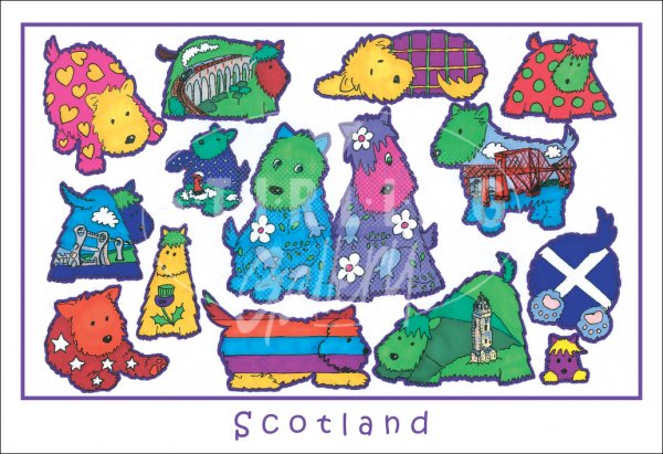 Scotties and Westies - Scotland, cartoon Postcard